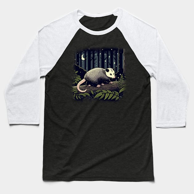 Opossum In Dark Forest Baseball T-Shirt by MoDesigns22 